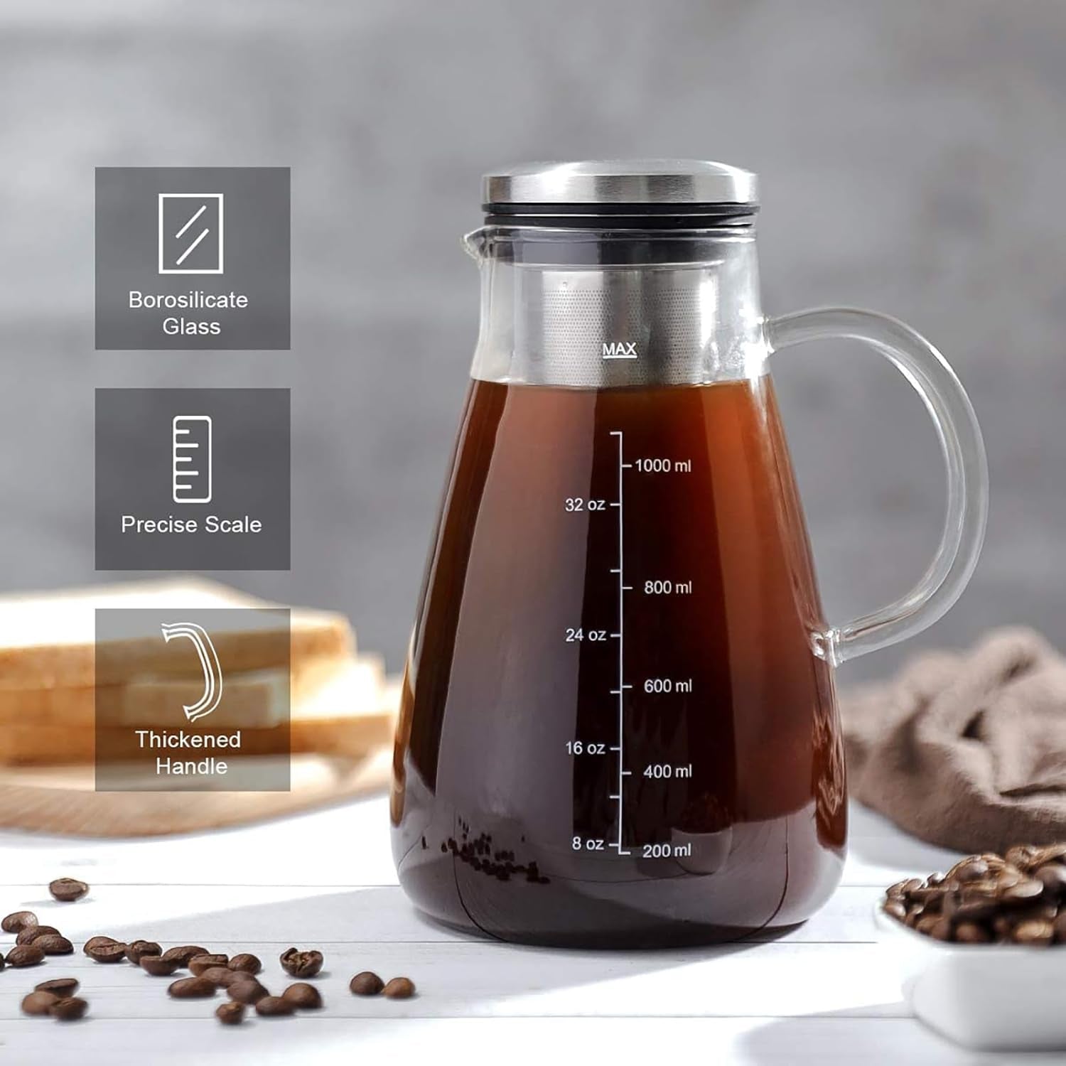 Willow & Everett Cold Brew Maker - Glass Pitcher with Filter - Iced Coffee  or Tea Carafe, 1 Gallon