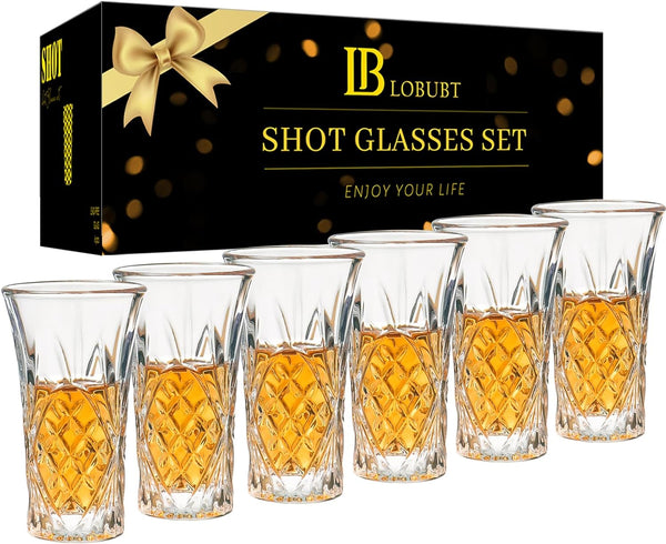 LOBUBT 2 OZ Shot Glasses Set,6-Pack Tequila Shot Glasses with Heavy Base Crystal Shot Glasses Bulk Small Whiskey Cordial Glass for Liqueur Spirits Bar Party Favor