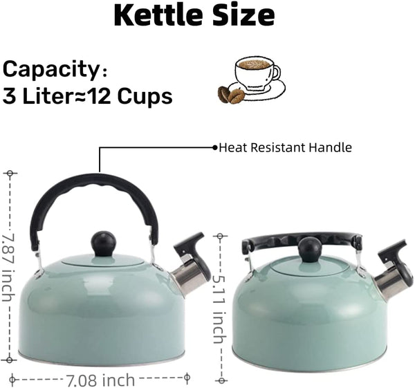 Tea Kettle, 3.2 Quart/3 Liter Stainless Steel Tea Pot,Tea Kettle for Stove Top, Stovetop Whistling Teapot, Tea Kettles Stovetop Whistling with Cool Grip Ergonomic Handle, Light Blue