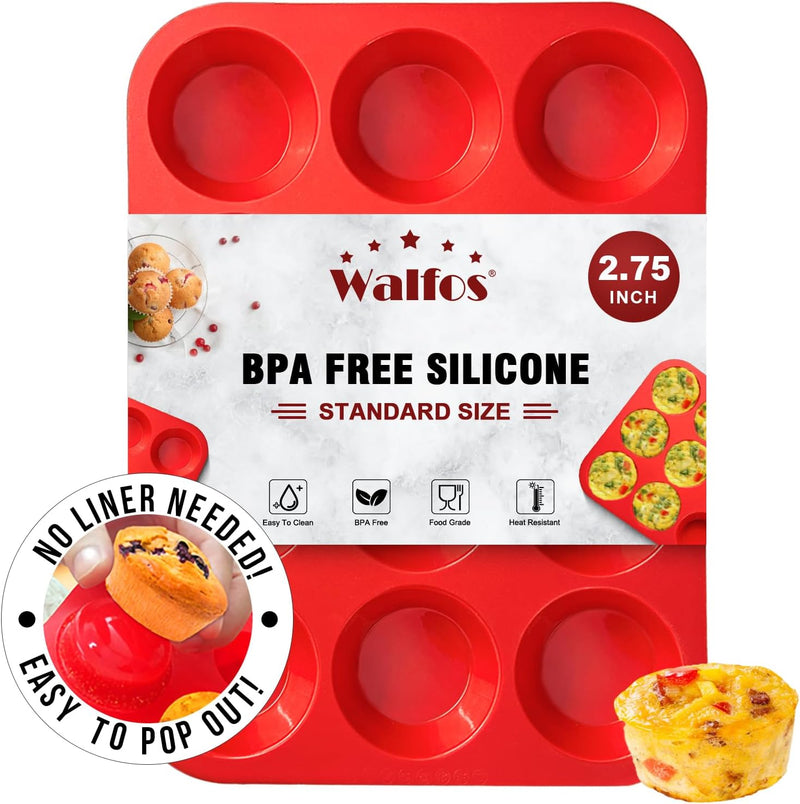 Walfos Silicone Muffin Pan - 12 Cups Regular Silicone Cupcake Pan, Non-stick Silicone Great for Making Muffin Cakes, Tart, Bread - BPA Free and Dishwasher Safe