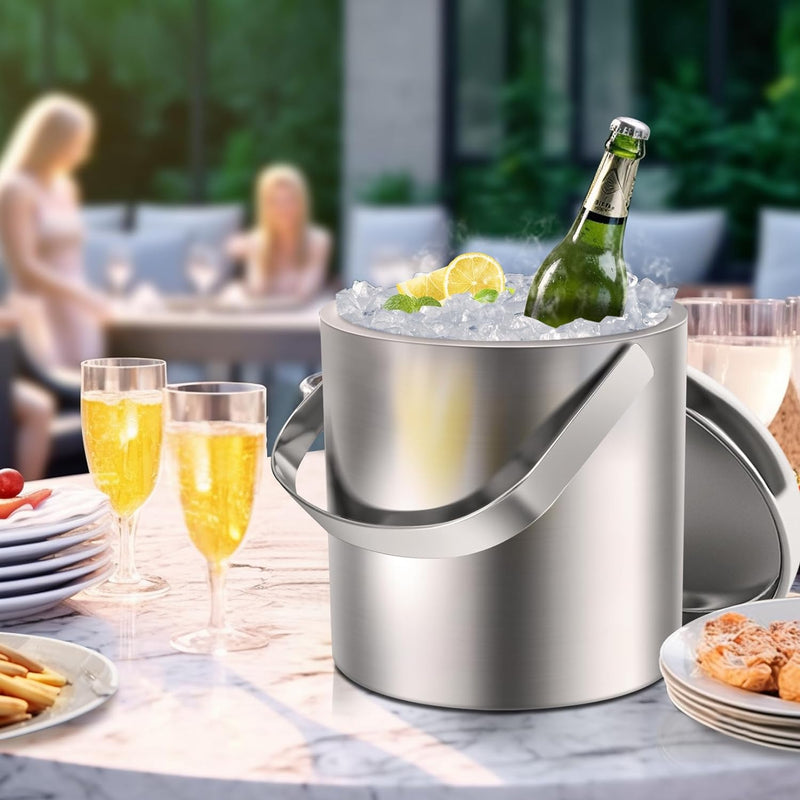 Sailnovo Ice Bucket, Double-Wall Stainless Steel Insulated Ice Buckets With Lid and Ice Tong, Ideal for Cocktail Bar, Parties, Chilling Wine, Champagne - 1.2 Liter Ice Container