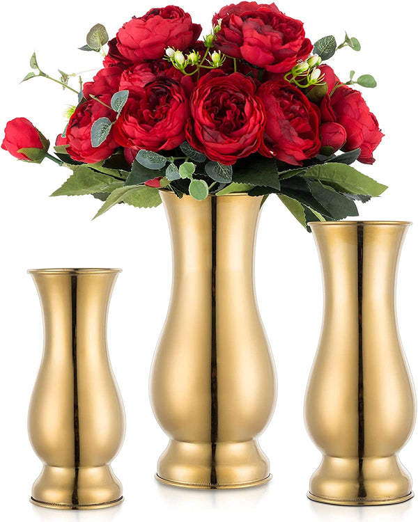 Set of 3 Gold Wedding Centerpieces for Tables - Flower Vase Trumpet Vase and Artificial Flower Arrangements