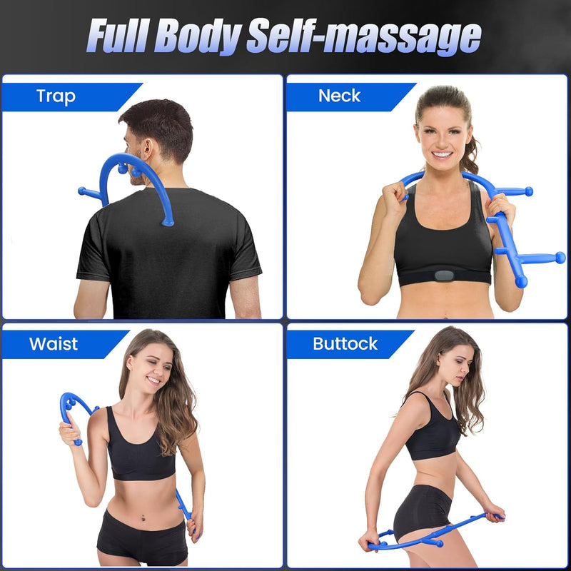 Trigger Point Massage Tool, Shoulder Neck Back Massager Handheld, for Body Deep Tissue & Fibromyalgia Relief, Manual Massage Hook Cane Therapy with Instructions, for Men & Women- Patented (Blue)