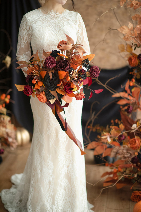 Large Bridal Bouquet - Black and Pumpkin Orange Free-Form