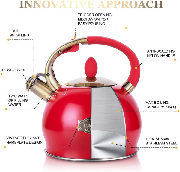SUSTEAS Stove Top Whistling Tea Kettle-Surgical Stainless Steel Teakettle Teapot with Cool Touch Ergonomic Handle,1 Free Silicone Pinch Mitt Included,2.64 Quart(RED)