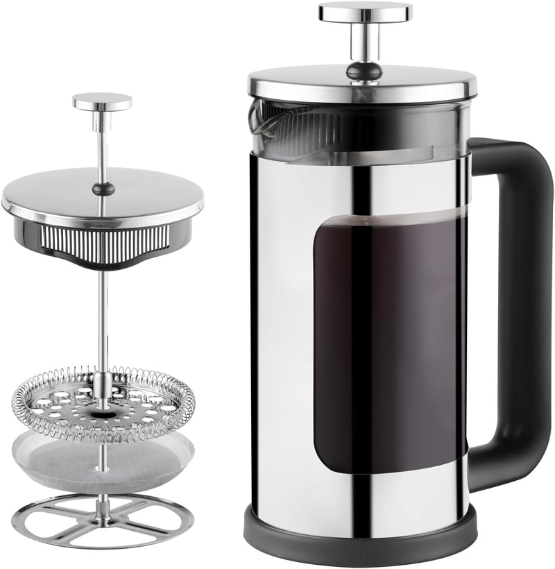 wedrink French Press Coffee Maker 34 oz, Double Filters Bamboo French Press, Thicken Heat-Resistant Borosilicate Glass Press Coffee Maker with 2 Glasses Cup