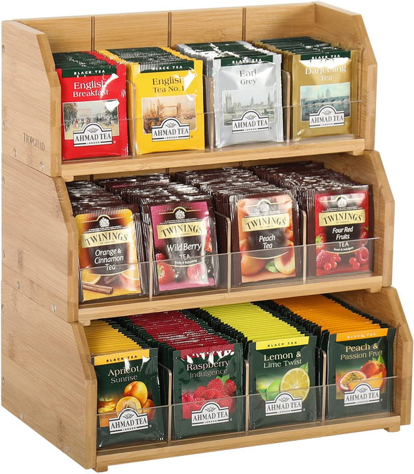 Bamboo Tea Bag Organizer Storage Holder for Tea Bags Stackable Wooden 3 Layer Tea Caddy Box Containers Tea Packet Rack Teabag Shelf Tea Station Stand for Cabinet Countertop Office(Patented Design)