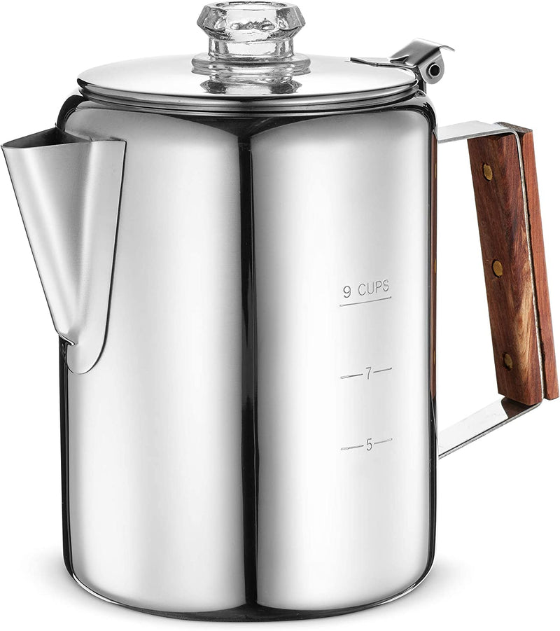 Eurolux Percolator Coffee Maker Pot - 9 Cups | Durable Stainless Steel Material | Brew Coffee On Fire, Grill or Stovetop | No Electricity, No Bad Plastic Taste | Ideal for Home, Camping & Travel
