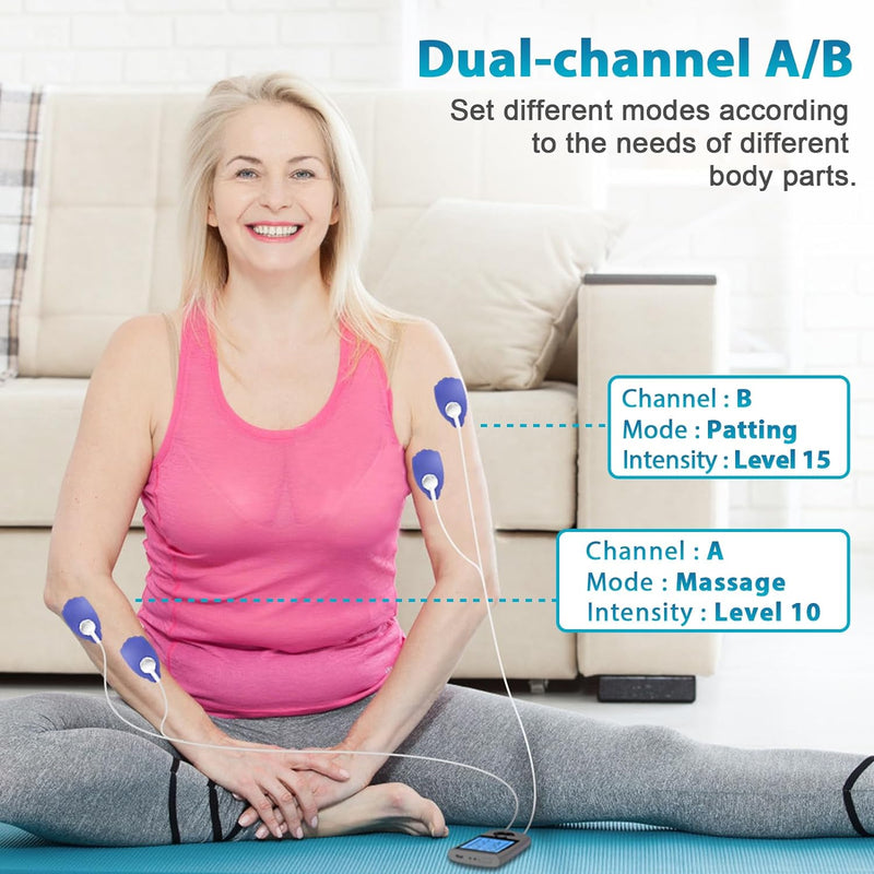 TENS EMS Unit Muscle Stimulator, 24 Modes, Dual Channel, Rechargeable Pulse Massager for Back, Neck, Muscle Pain Relief. with 12 Electrode Pads, ABS Pads Holder, USB Cable, and TENS Unit Case (Black)