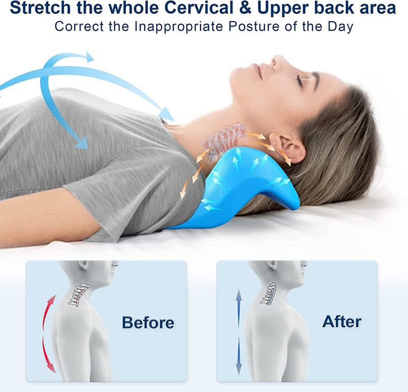 Neck and Shoulder Relaxer with Upper Back Massage Point, Cervical Traction Device Neck Stretcher for TMJ Pain Relief and Cervical Spine Alignment Chiropractic Pillow (Blue)