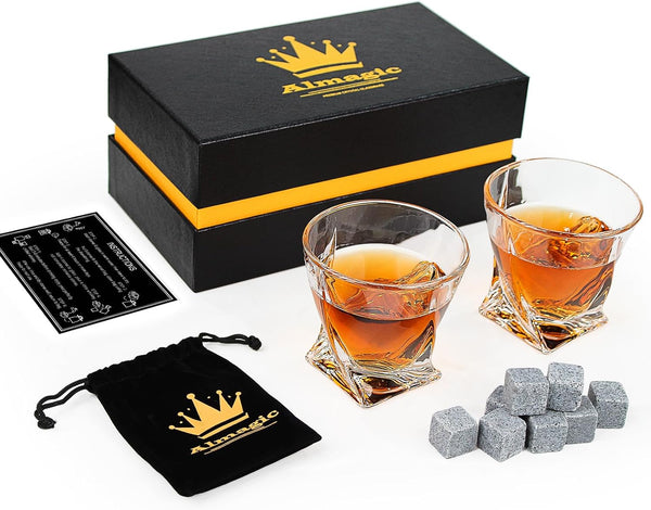 Almagic whiskey glass sets for men gift,two 12-ounce whiskey glasses / 9 whiskey stones & Velvet Bag,for Scotch Cocktail Rum,Unique Gift for Men, Dad, Husband