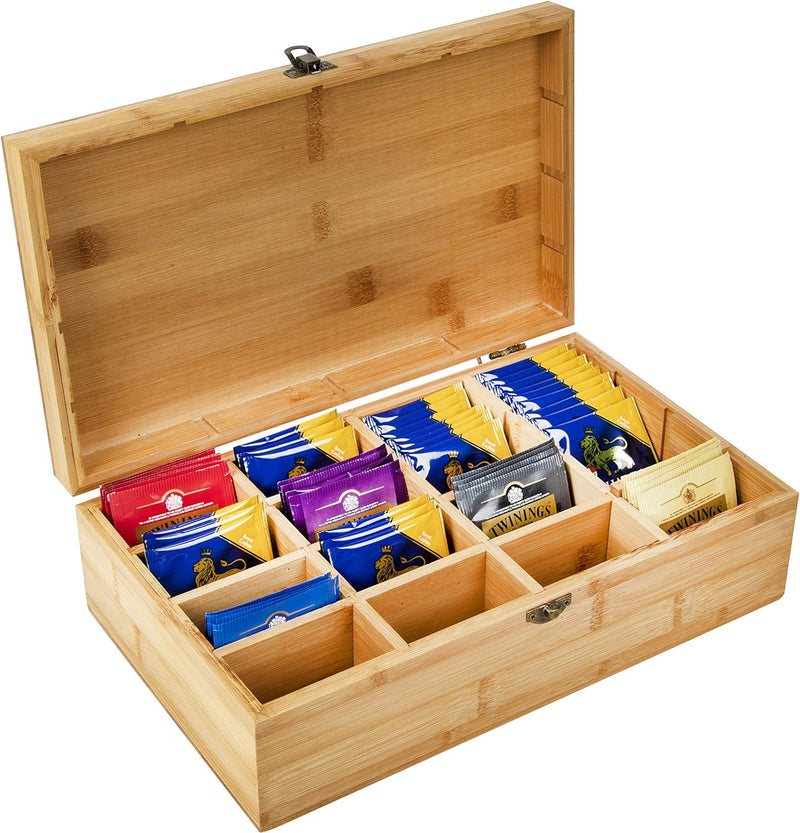 Beyond Your Thoughts Bamboo Tea Box Father's Day Gift Tea Chest Adjustable 16 Compartments Tea Storage Holder Organizer with Latching Lid Leaves