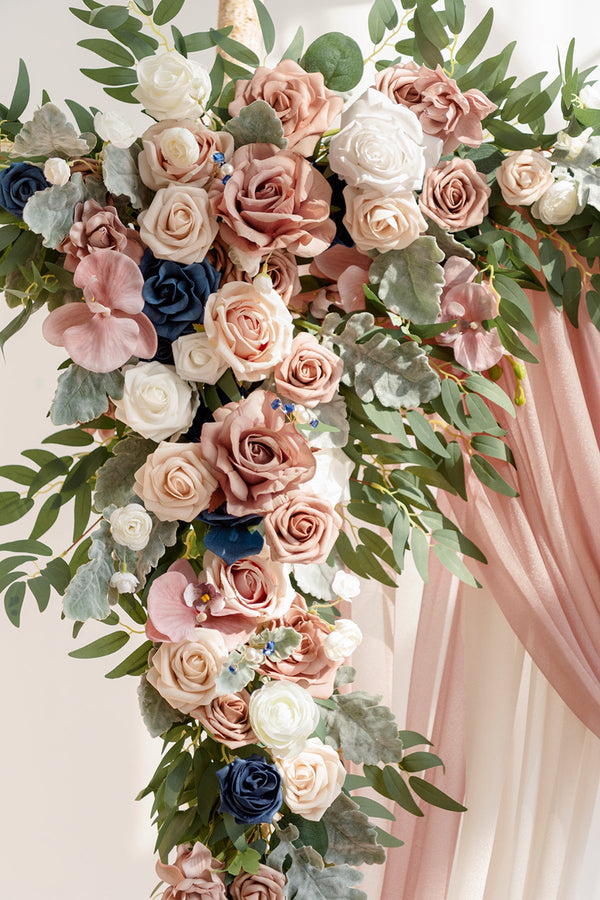 Flower Arch Decor with Dusty Rose  Navy Drapes