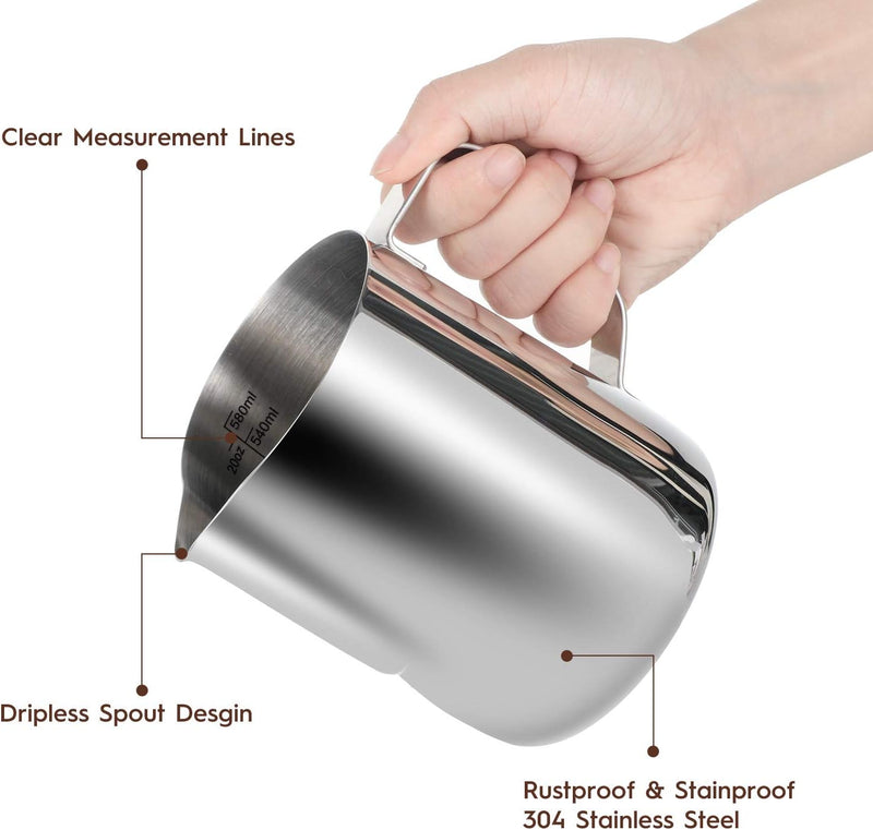 Milk Frothing Pitcher, 20oz Steaming Pitcher Stainless Steel Espresso Machine Accessories for Coffee Bar, Cappuccino Barista Tools Milk Jug Steamer Frother Cup with Decorating Latte Art Pen