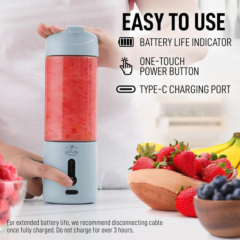 Zulay Kitchen 18 oz Personal Blenders that Crush Ice - USB-C Rechargeable, Cordless Travel Blender - Portable Smoothie Blender On the Go, Frozen Fruits, & Veggies with 6 Sharp Blades (Light Blue)