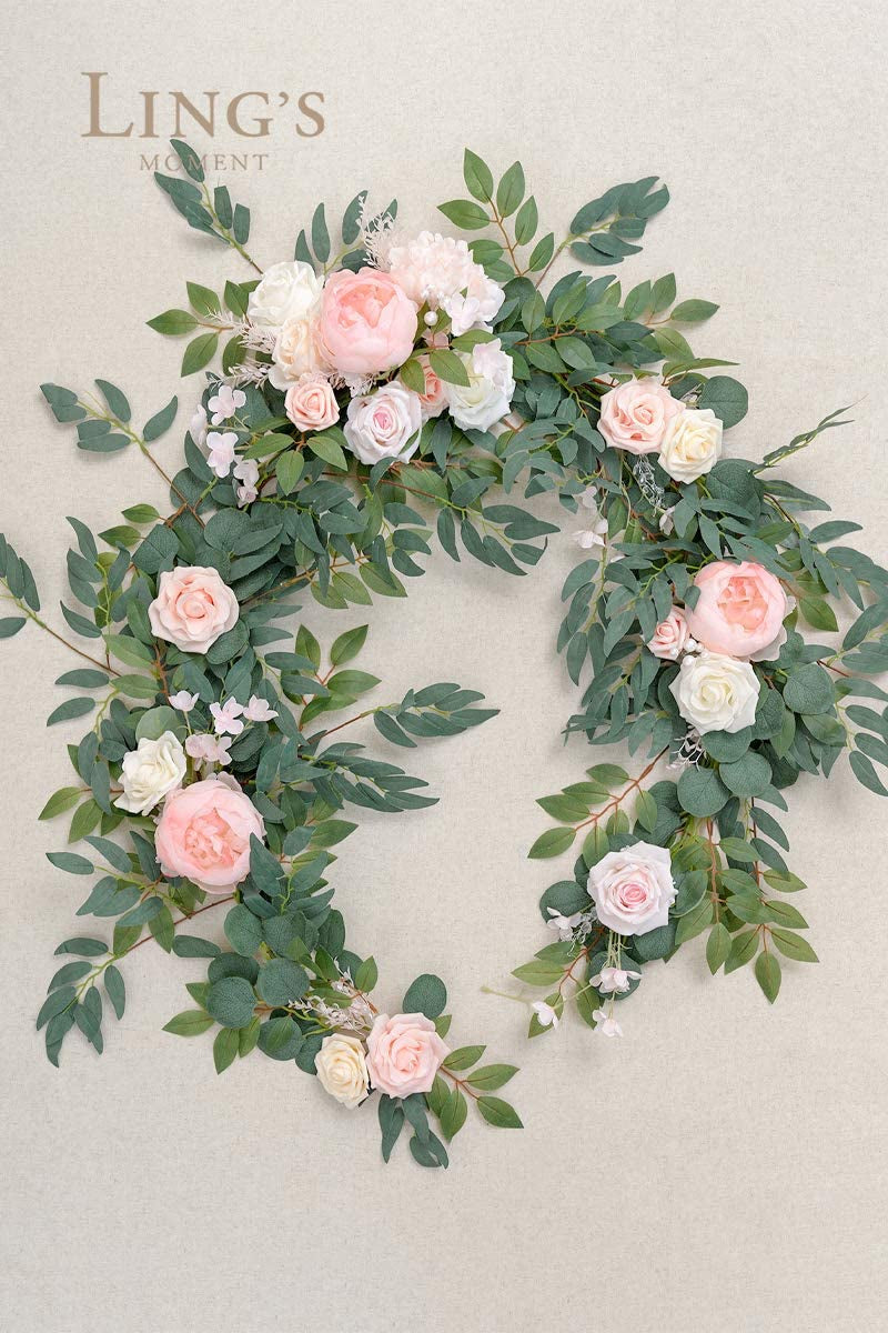 Artificial Eucalyptus Garland with Flowers 6FT, Wedding Table Garland with Flowers Mantle Decor Handcrafted Wedding Centerpieces for Rehearsal Dinner Bridal Shower | Blush & Cream
