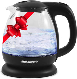 Elite Gourmet EKT1001 Electric 1.0L BPA-Free 1100W Glass Kettle Cordless 360° Base, Stylish Blue LED Interior, Handy Auto Shut-Off Function – Quickly Boil Water For Tea & More, Black