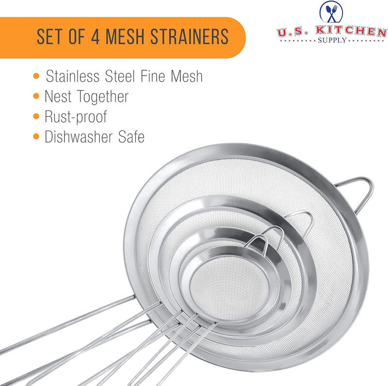 U.S. Kitchen Supply - Set of 4 Premium Quality Fine Mesh Stainless Steel Strainers - 3", 4", 5.5" and 8" Sizes - Sift, Strain, Drain and Rinse Vegetables, Pastas & Tea