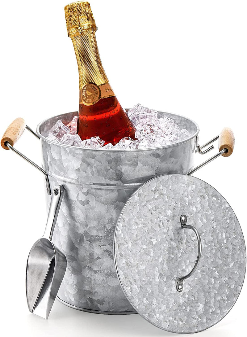 Frcctre Farmhouse 4 Liter Ice Bucket with Lid, Galvanized Metal Beverage Tub with Scoop and Handles, Drink and Wine Chiller for Bar, Party, BBQ, Great for Indoor and Outdoor Use