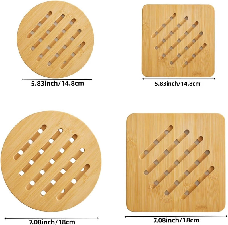 Alfto Hot Pads Trivet,Table Solid Bamboo Wood Trivets for Hot Dishes and Pot with Non-Slip Pads Heat Resistant Pads Teapot Trivet 4pcs(Multi Size,2 Square 2 Round)