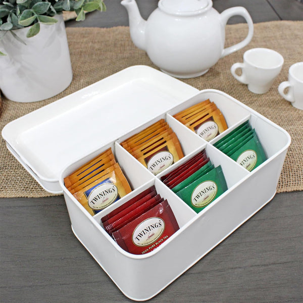 AuldHome Farmhouse Tea Bag Box (White), Vintage Retro Style Enamelware Tea Storage Tin