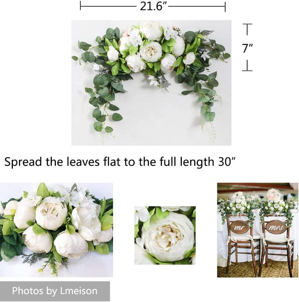 Rustic Wedding Arch Flowers - 30 Inch Artificial Floral Swag with Green Leaves Roses and Peonies - Ivory