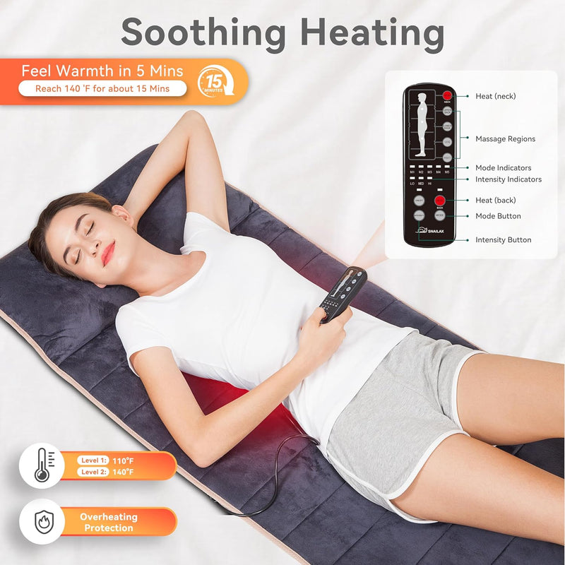 Snailax Memory Foam Massage Mat with Heat, 6 Therapy Heating pad,10 Vibration Motors Massage Mattress Pad, Full Body Massager Cushion Relieve Neck, Back, Waist, Legs