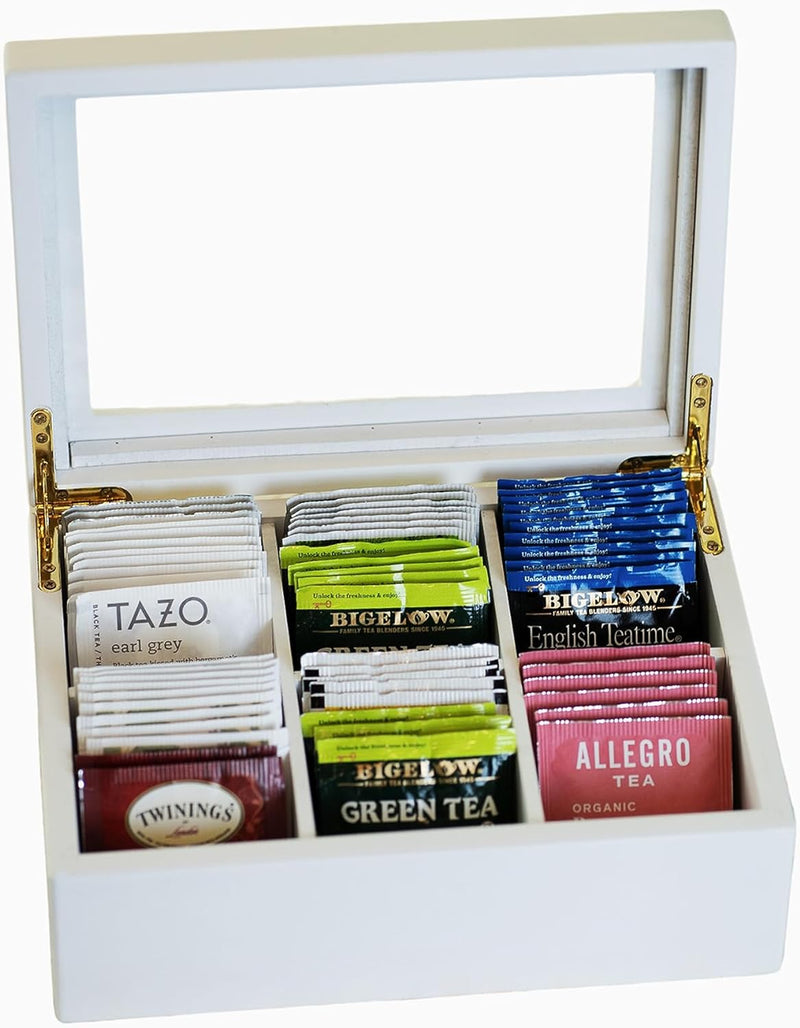 Break Tradition Wooden Tea Organizer For Tea Bags - Black Wooden Tea Chest With 6 Compartments - Clear Top Window - Lid Stays Open (Black)