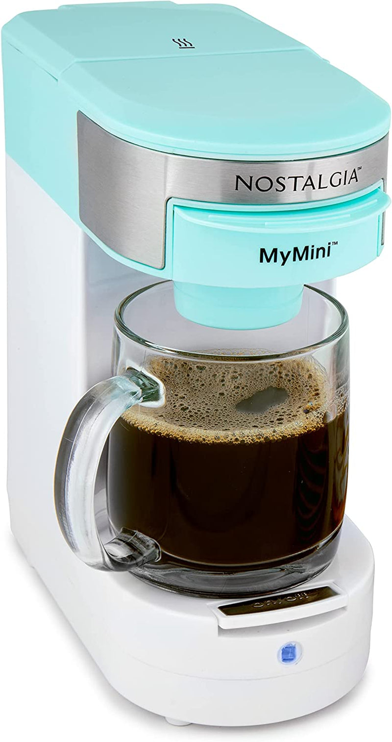 Nostalgia MyMini Single Coffee Maker, Brews K-Cup & Other Pods, Serves up to 14 Ounces, Tea, Chocolate, Hot Cider, Lattes, Reusable Filter Basket Included, Aqua