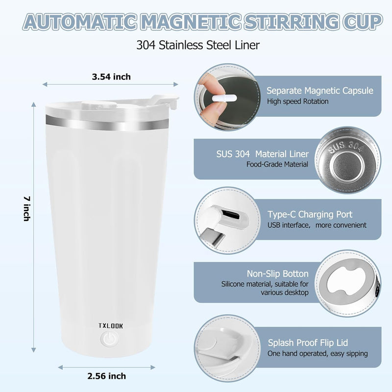 Self Stirring Mug, Rechargeable Automatic Magnetic Stirring Coffee Mug, Rotatable Stainless Steel Electric Mixing Cup with Lid, Can Stir Coffee/Cocoa/Protein Powder, Suitable for Office/Travel/Home