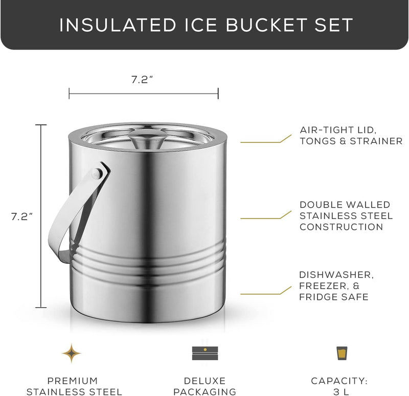 JoyJolt Metal Double Wall Ice Bucket with Lid, Ice Tongs and Strainer. 3L Insulated Ice Bucket for Cocktail Bar, Wine, Home Bar Accessories, Parties, Champagne Bucket. Stainless Steel Ice Buckets