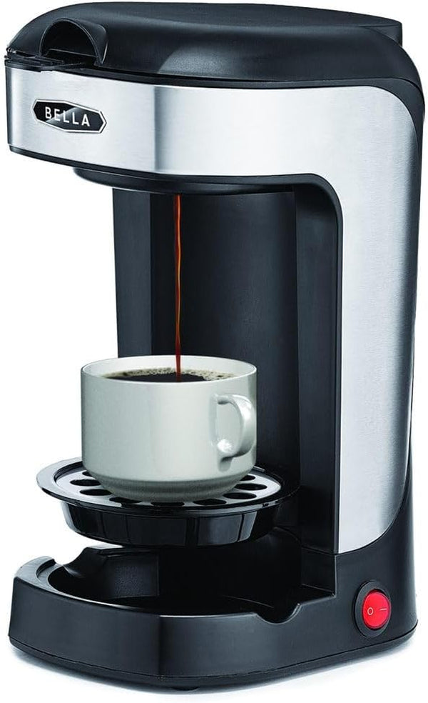 BELLA One Scoop One Cup Coffee Maker, Single Serve Brewer with Adjustable Drip Tray and Permanent Filter, Dishwasher Safe, Stainless Steel and Black