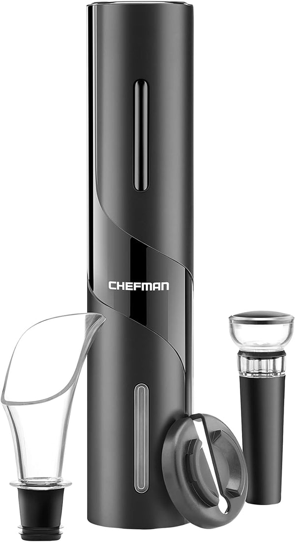 Chefman Electric Wine Opener Makes Opening Bottles Fast, Foolproof, And Fun! Black, Battery-Operated 4-Piece Corkscrew Set Comes With A Foil Cutter, Pourer, And Vacuum Stopper