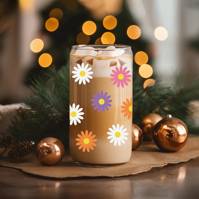 GSPY Daisy Aesthetic Cups, Iced Coffee Cup, Cute Glass Cups with Lids and Straws - Iced Coffee Glasses, Flower Mug Glass Cup, Glass Tumbler - Birthday, Christmas Gifts for Women, Coffee Lovers