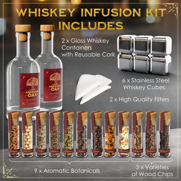 Aberdeen Oak Whiskey Infusion Kit - Craft Your Personalized Whiskey Flavor with 9 Botanicals & 3 Wood Chip Types - Makes a Fun Gift for Men, Husband, and Whiskey Enthusiasts