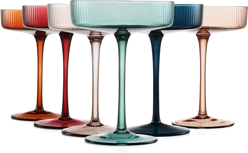 Vintage Art Deco Coupe Glasses Ribbed Coup Martini, Champagne & Cocktail 7oz | Set of 6 | Modern Muted Pastel Colored Crystal Glassware, Manhattan Goblet Cocktails, Ripple Glassware Gifts - Gift Box