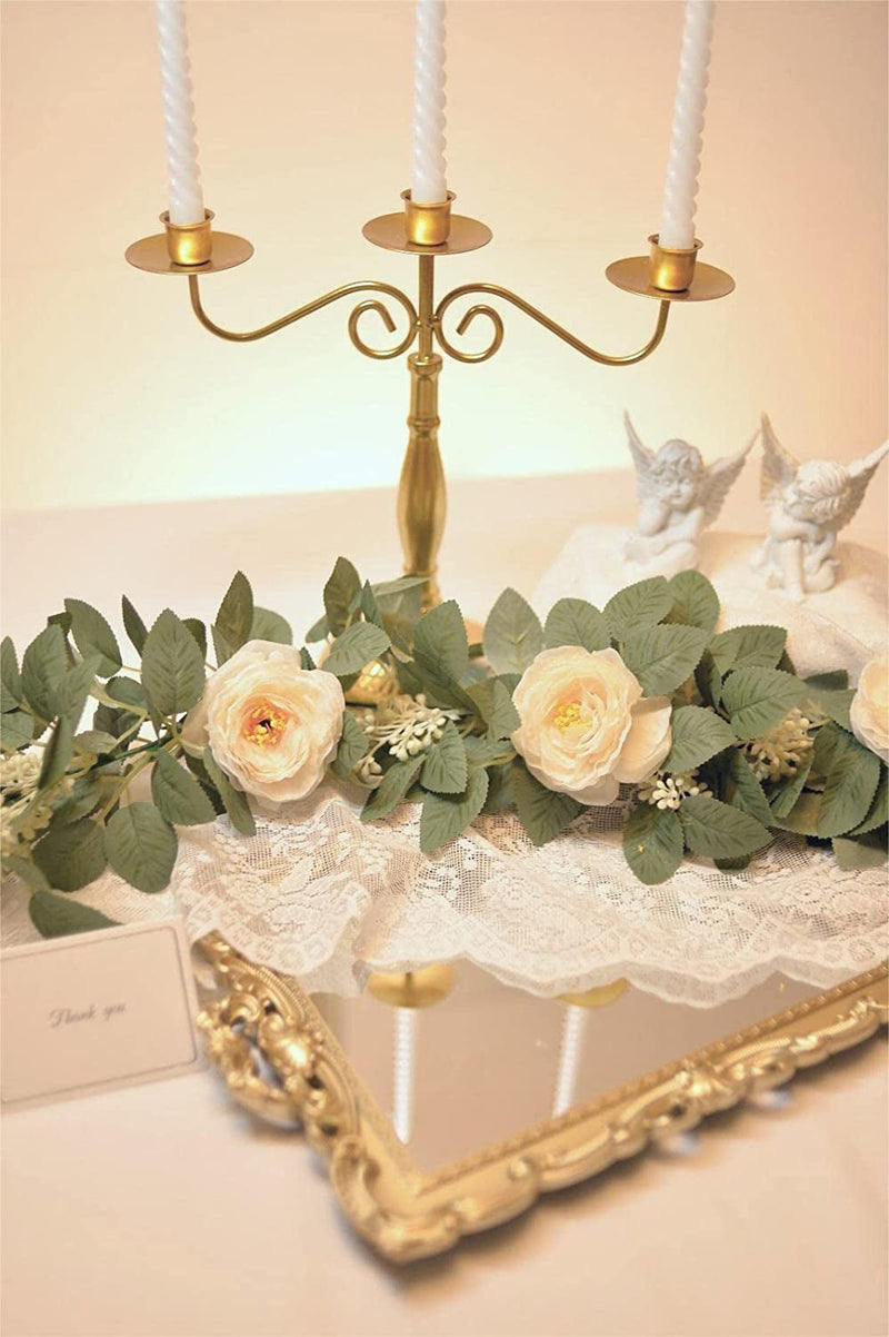Faux Flower Garland - Eucalyptus with Camellias Silk Rose Vine - 6Ft Decorative Hanging Leaves - WeddingParty Decor