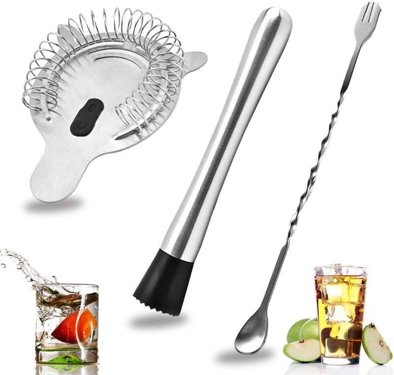 SENHAI Stainless Steel Cocktail Muddler, Spiral Mixing Spoon & 4-Prong Bar Strainer, Home Bar Bartender's Muddling Tool Set