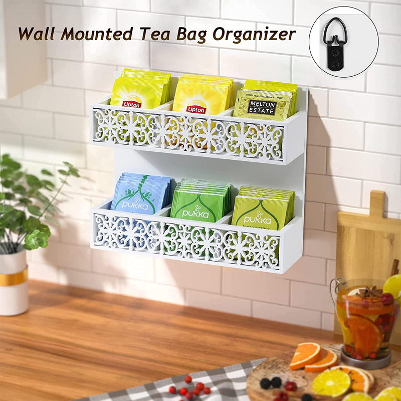 QILICHZ Tea Bag Organizer 2 Tier Wood Tea Bags Holder Wall Mounted Tea Box for Tea Bags Organizer Rustic Tea Chests for Tea Storage Coffee Display for Café, Home, Office