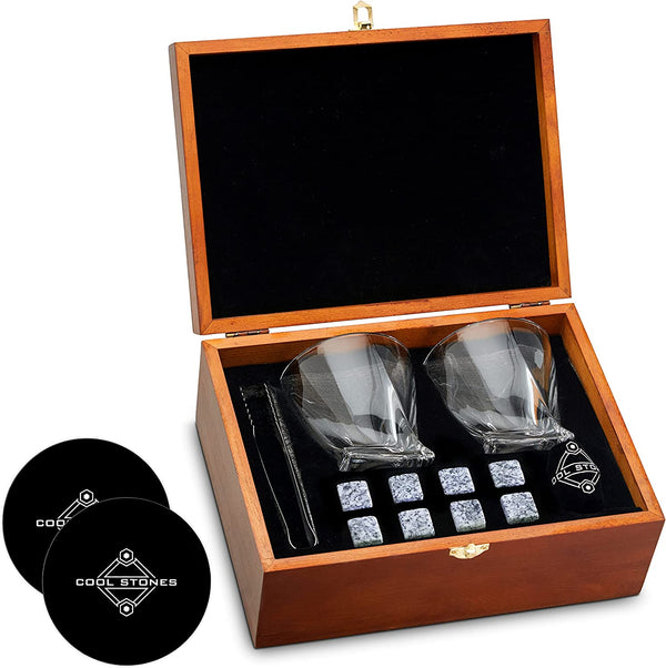 Cool Stones Whiskey Glass Gift Set - 2 Whiskey Glasses and Whiskey Stones with Tongs in Velvet Bag All Presented in an Elegant Wooden Box for Men (Classic-Wood-White-Rocks)