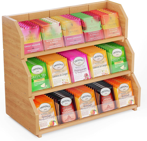 Purcion Bamboo Tea Bag Organizer, 3 Layer Stackable Tea Bag Storage Holder Solid Wood Tea Organizer with Removable Acrylic Divider Stores Over 360 Tea Bags for Cabinet Countertop Office Kitchen