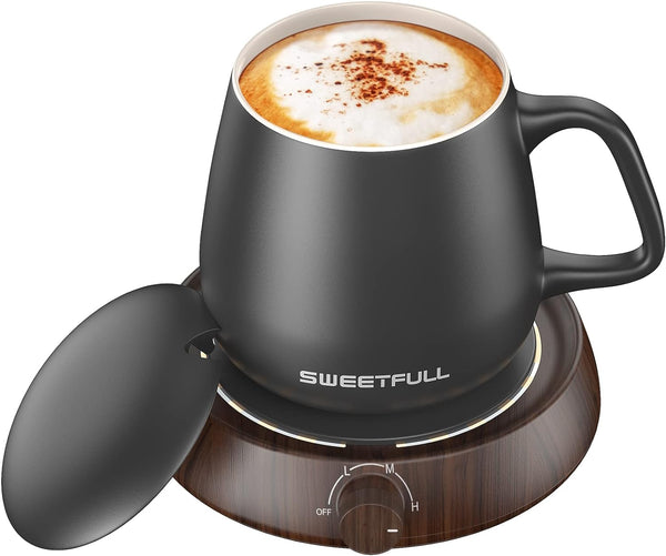 SWEETFULL Mug Warmer for Coffee and Tea Coffee Mug Warmer W/Mug and Lid Coffee Warmer As Coffee Gifts for Desk Office Coffee Lovers. （20W Cup Warmer Candle Warmer Auto Shut Off） (Wood Grain)
