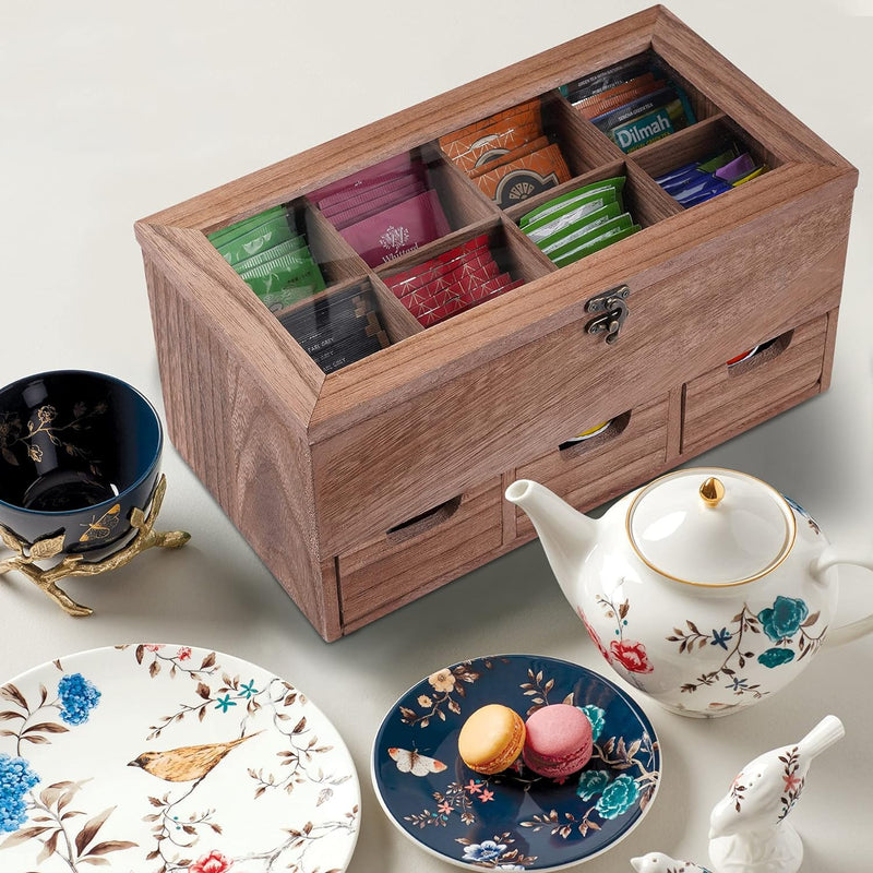 WPKLTMZ Wooden Tea Box, Tea Bag Organizer Tea Storage with 8 Compartments, Rustic Tea Bag Holder with 3 Drawers for Tea Bags, Packets, Coffee, Sugar, Sweeteners, Creamers