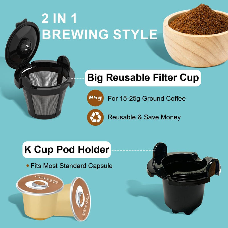 2-Way Single Serve Coffee Maker Brewer for K Cup Capsule and Ground Coffee, Mini Coffee Machine with Self-Cleaning Function and 8-14 Oz Brew Size, Christmas Pod Coffee Maker, Black Modern