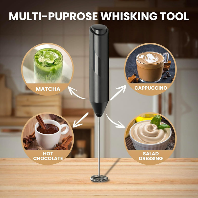 InfiniPower Milk Frother Handheld with Stainless Steel Stand, Battery Operated Whisk Maker Hand Drink Mixer for Coffee, Lattes, Cappuccino, Matcha, Black