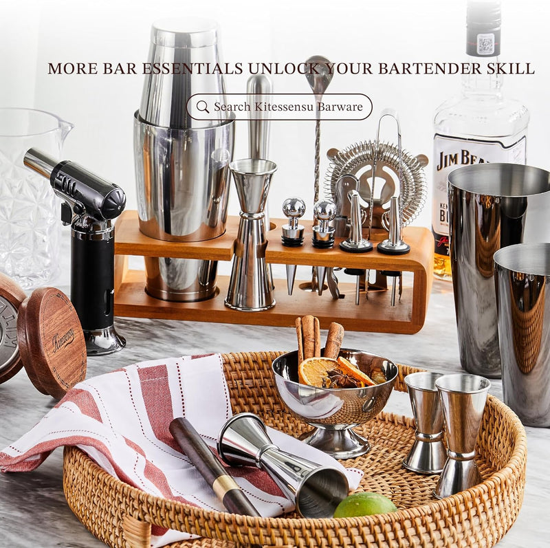 KITESSENSU Cocktail Shaker Set Bartender Kit with Stand | Bar Set Drink Mixer Set with All Essential Accessory Tools: Martini Shaker, Jigger, Strainer, Mixer Spoon, Muddler, Liquor Pourers |Silver