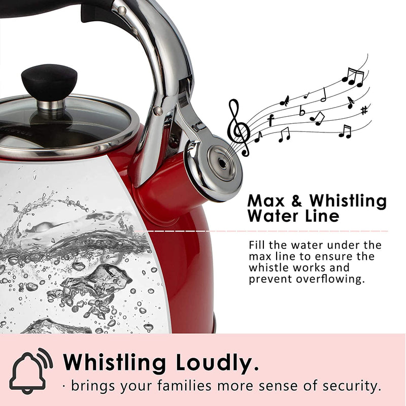 Rorence Whistling Tea Kettle: 2.5 Quart Stainless Steel Kettle with Capsule Bottom & Heat-resistant Glass Lid (Red)