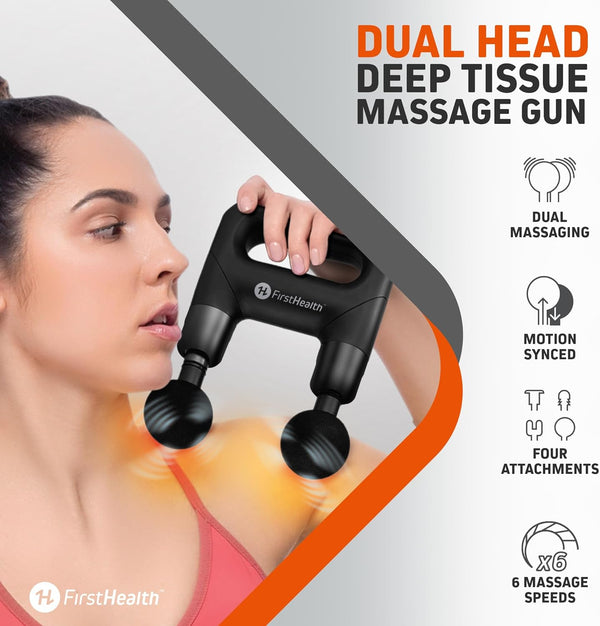 FIRSTHEALTH First Health Dual Head Deep Tissue Massage Gun - 8 Attachments, Handheld Percussion Massager with Rechargeable Battery, Full Body Relief for Neck Pain & Tension
