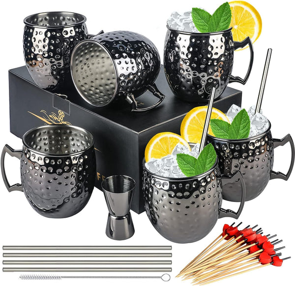 Moscow Mule Mugs- Set of 6 Gunmetal Black Plated 18oz Stainless Steel Mug Double Jigger Chilled Drink Cocktail Mug (6pcs)