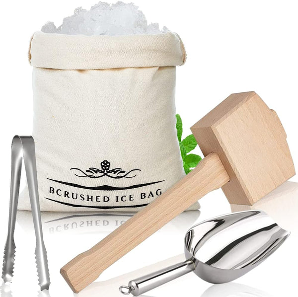 Lewis Bag and Ice Mallet Crush Ice - Wood Hammer and Lewis Bag for Crushed Ice, Bartender Kit Set & Bar Tools Kitchen Accessory